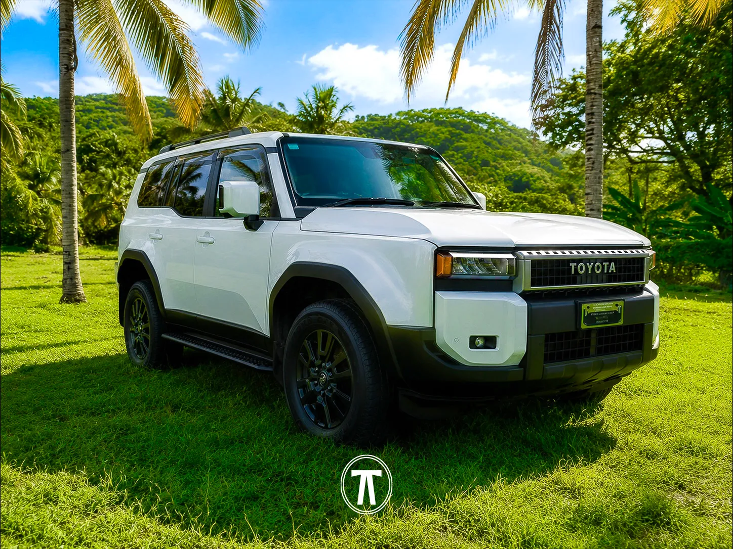 White Toyota SUV parked among palm trees in Jamaica